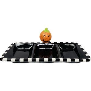 Hallmark Halloween Black Jack-o-Lantern Divided Ceramic Dish Candy or Appetizers